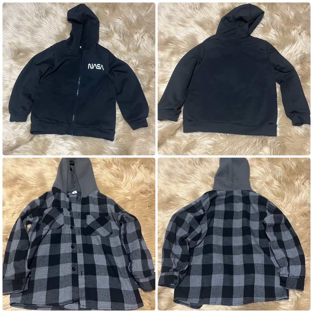 Black | White Zip Up Hoodie Grey | Black Plaid Button Down Hooded Flannel Sz 7y
